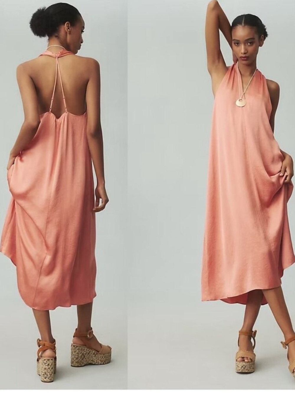 Anthropologie Silky Coral Halter Backless Midi Dress